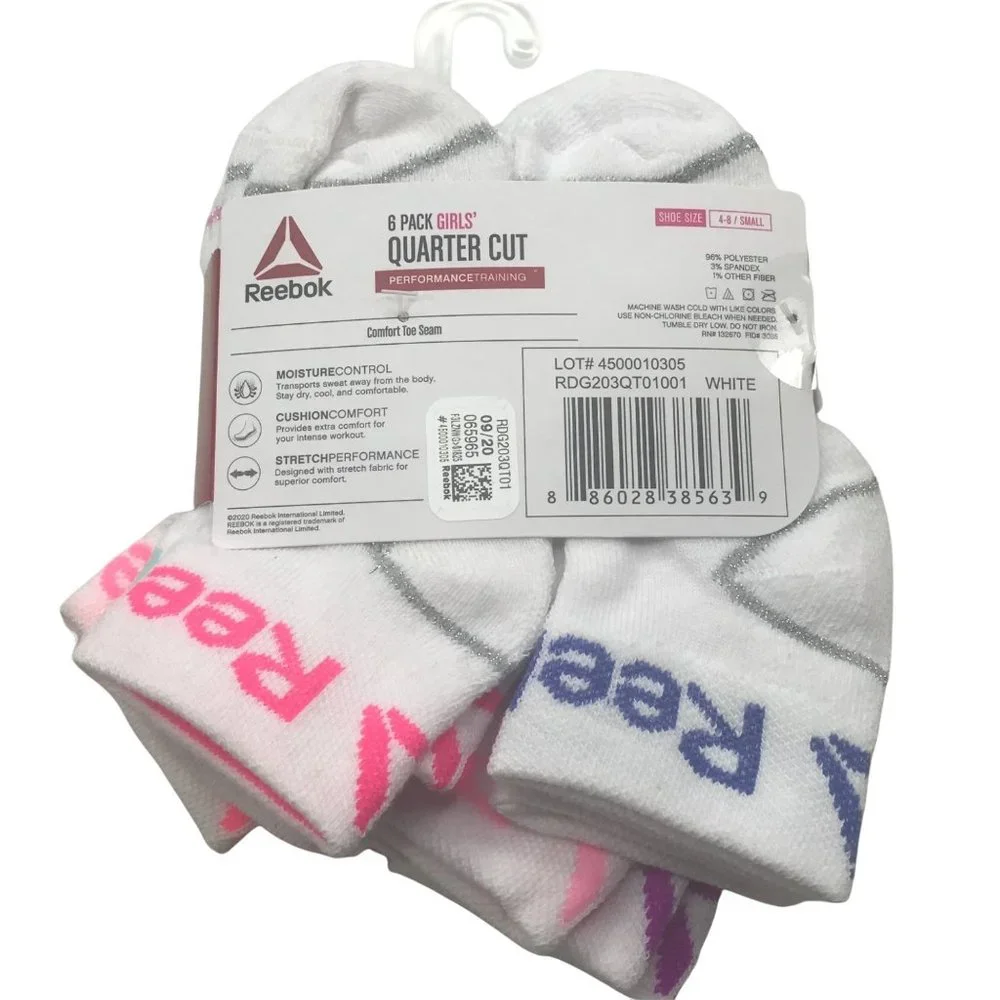 6 Pack Reebok Girl's Quarter Cut Socks White Size Small Shoe 4-8 New